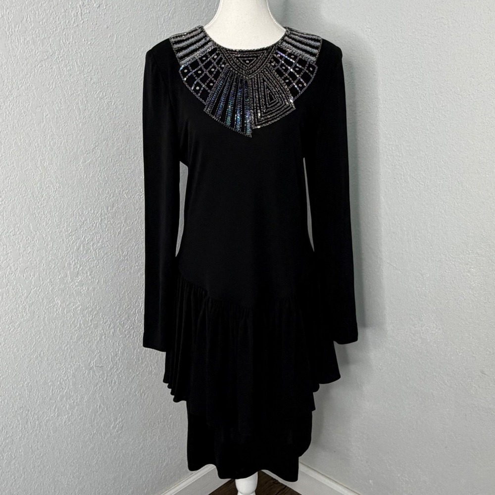 Vintage 80s NUIT Beaded Cocktail Dress Black Art Deco Egyptian Drop‎ Waist Sz 14